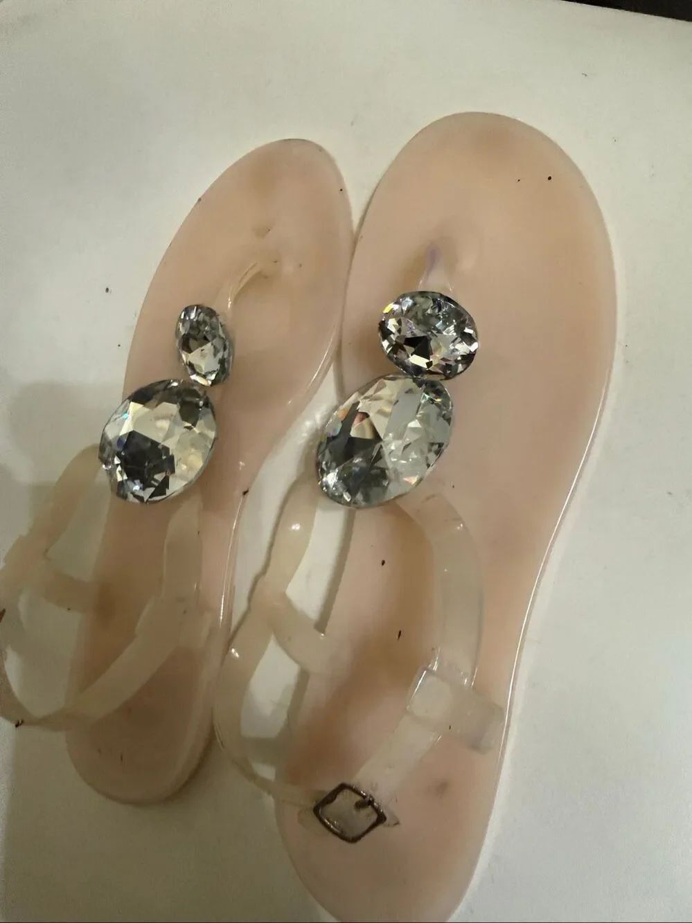 Women's Rhinestone Jelly Rubber Flat Sandals Cream Silver Size 41/8-8.5